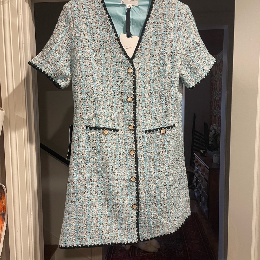 Pomander Place Blue Tweed Dress with Black Trim